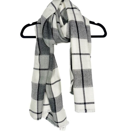 New Talbots Cream Gray Black Windowpane Plaid Scarf Shimmer Wool Blend Fringe - Picture 1 of 10